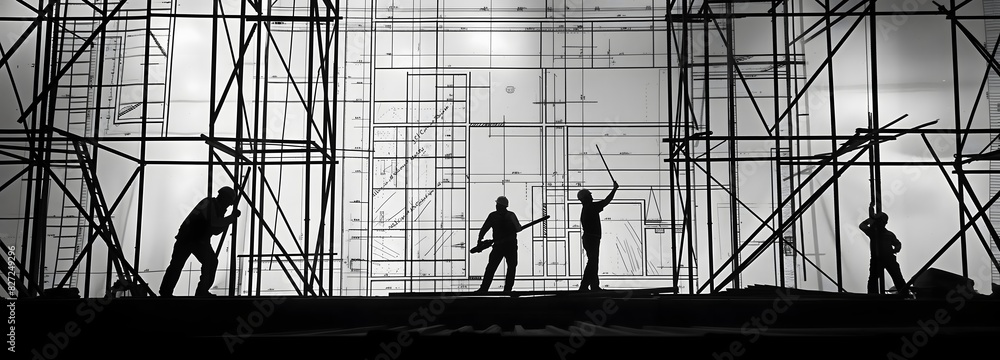 Poster 4. **Blueprint Realization**: Frame a shot of workers erecting steel beams against the backdrop of architectural blueprints, leaving ample space for a caption emphasizing the transformation from