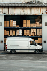 Fototapeta premium A white van is parked in front of a warehouse full of boxes