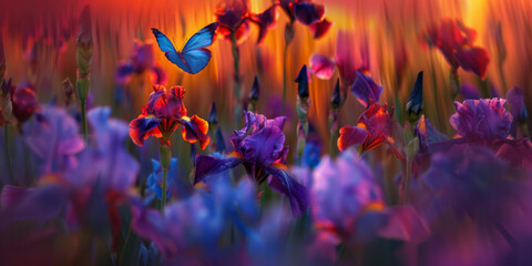 A colorful field of flowers with a butterfly flying through it