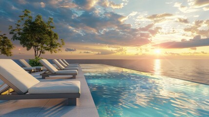 Outdoor swimming pool furniture at a hotel resort for a holiday getaway with a view of the sunset or sunrise sky