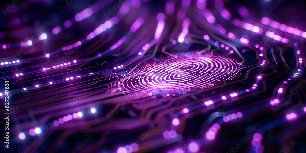 Poster enhanced electronic security with a shining fingerprint on a computer circuit board. concept technol