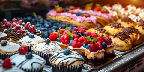 Assorted pastries and desserts in a bakery display case high quality. Concept Assorted pastries, Freshly baked goods, Bakery treats, Sweet creations, Delicious desserts