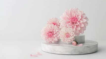 Elegant Arrangement of Pastel Pink Dahlias and Carnations on White Pedestal