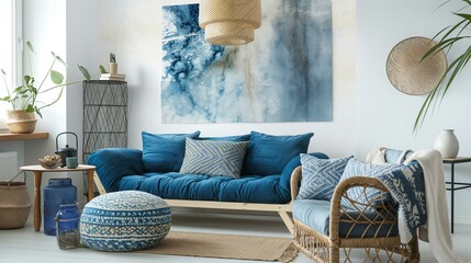 Stylish Boho Living Room with Blue Accents and Patterned Decor