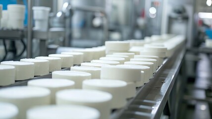 Obraz premium Heads of cheese on a production tape. Selective focus.