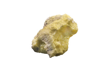 Raw sulfur mineral rock specimen isolated on white background. 
