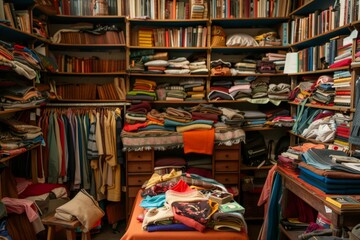 European secondhand. Store with clothes and books organized on shelves for customers