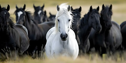 Obraz premium White horse stands out amongst a group of black horses outdoors. Concept Animal Photography, Contrast, Outdoor Photoshoot