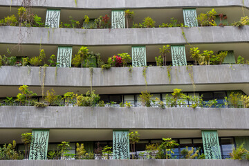 Vegetated facade of a residential building in the Poblado district. The pictures shows balconies...