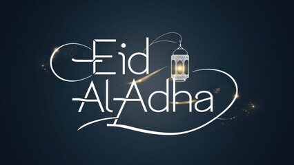 Minimalist Design Featuring the Greeting Eid Al Adha, Dark Background with Lantern and silhouette Mosque