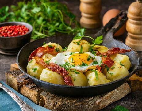 Kartoffelkl&ouml;&szlig;e mit Chili, Speck, Spiegelei und frischen Kr&auml;utern in einer Pfanne