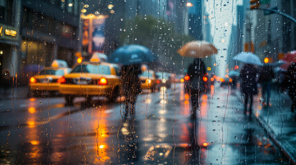 A rainy city street scene with blurred lights, yellow taxis, and pedestrians holding umbrellas, viewed through a window with raindrops.