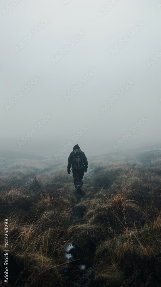 Poster a man is walking through a foggy field