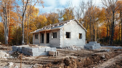 Constructing a home from silicate blocks at a vacation property on a fall day