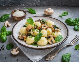 Kartoffelkl&ouml;&szlig;e mit Champignons, Spinat und frischen Kr&auml;utern 