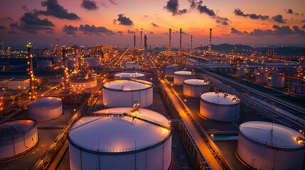 Naklejka premium Transportation and storage tanks at a petrochemical plant during twilight, with orange hues in the sky