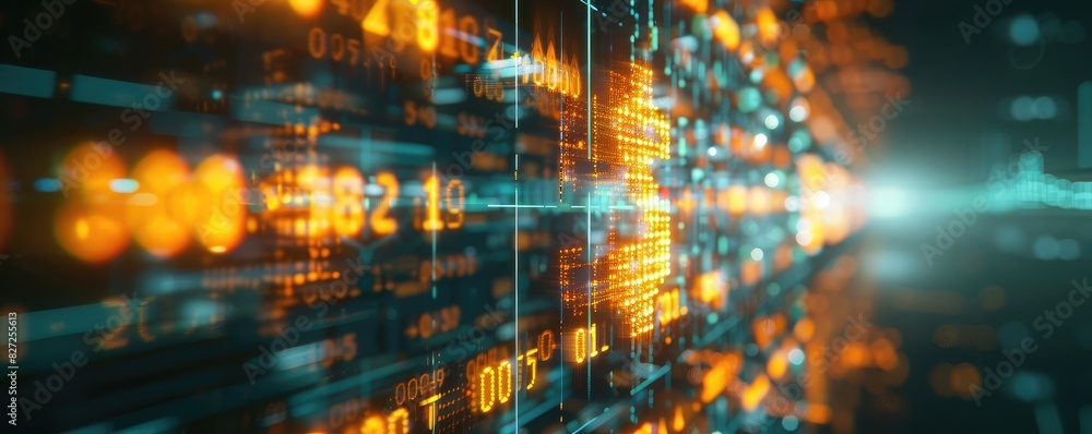 Poster bright digital data flowing through a high-tech interface, representing advanced futuristic technolo