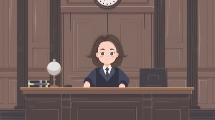 Illustration of a judge sitting at a courtroom desk with a clock on the wall behind, legal concept, justice theme
