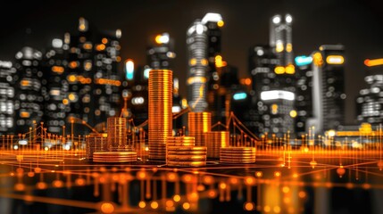 Futuristic cityscape with illuminated skyscrapers and glowing golden lights reflecting on a surface, showcasing urban night life.