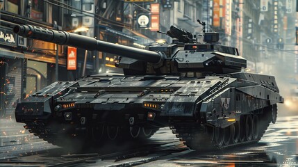 Black stealth tank with angular design, featuring advanced weaponry and sensors, set in a futuristic urban battlefield, ultrarealistic, high detail, digital art