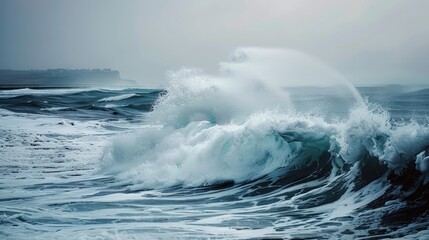 Fototapeta premium Stormy sea with wild waves crashing on the shore