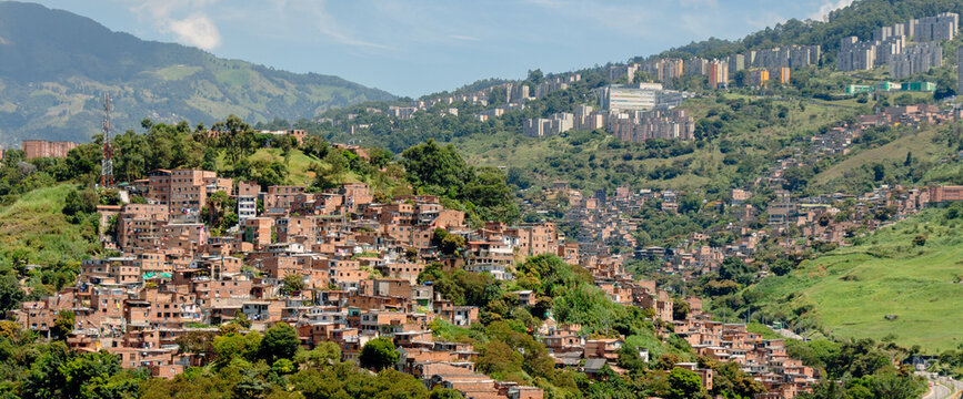 Aerial view of a popular district on a hill of Medellin, Medell&iacute;n, Antioquia, Colombia.