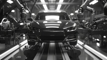 Black and white image of a car on an assembly line in a modern automotive factory with robotic arms working.