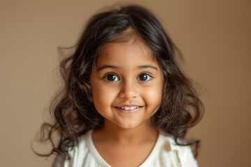 Fototapeta premium Adorable Smiling Toddler Girl with Long Hair in White T-shirt Looking at Camera