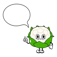 Cauliflower with an inscription character. Vector hand drawn traditional cartoon vintage, retro, kawaii character illustration icon. Isolated white background. Cauliflower character