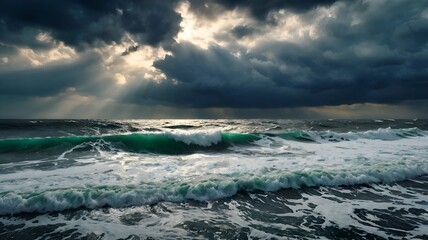 Fototapeta premium Stormy seascape with stormy sea waves and sun rays