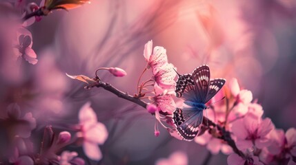 Serene Spring: Macro Shot of Blooming Sakura Flowers and Butterflies