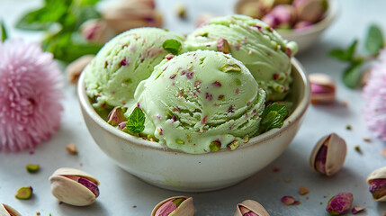 Wide banner photo of delicious scoop of creamy green color pistachio ice cream sorbet on an icecream cup with nuts and pieces around in white background