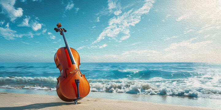 A beautiful cello rests on the beach with a clear blue sky behind 