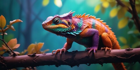 Rainbow Colour Chameleon closeup at plain Teal background ,Chameleon Sitting ,nature ,reptile...