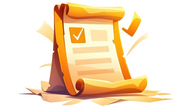 Comic style compliance document icon with a checkmark splash effect depicted in a vibrant 2d cartoon illustration on a clean white background