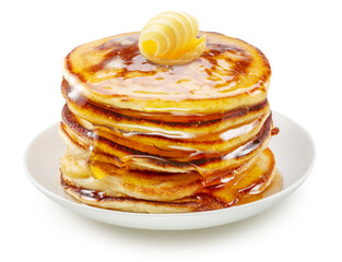 Pancakes with butter swirl on top on white plate. File contains clipping path
