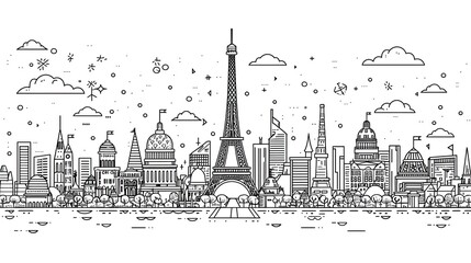 Fototapeta premium Minimalistic black and white line art of the Paris skyline featuring the Eiffel Tower surrounded by modern and historical buildings