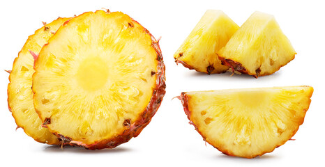 Ripe pineapple  and pineapple slices isolated on white background. File contains clipping path.