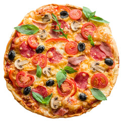 Pizza topped with cherry tomatoes, salami and other ingredients on white background. Top view. File contains clipping path.