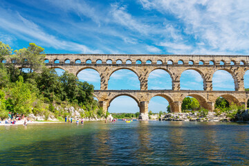 Fototapeta premium The Pont du Gard is an ancient Roman aqueduct, that is depicted on five euro note. Summer 2022.
