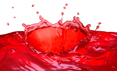 Splash surrounds funnel on of red juice or water isolated on white background. Clipping path.