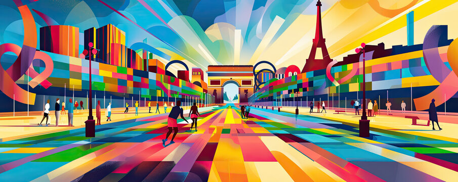 A colorful and vibrant illustration of a street in Paris with the Eiffel Tower and the Arc de Triomphe, featuring people walking and skating, with abstract geometric patterns and bright colors