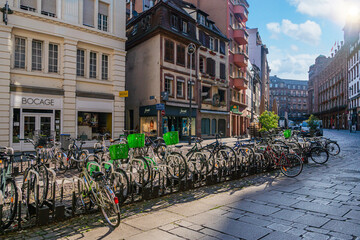 Bikes in the street of the old town in Strasbourg, La Petite France, Strasbourg.