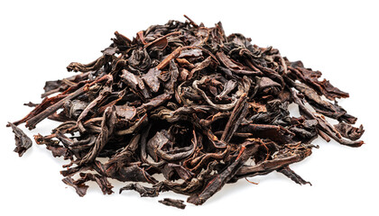 Heap of dried tea leaves isolated on white background. Closeup.