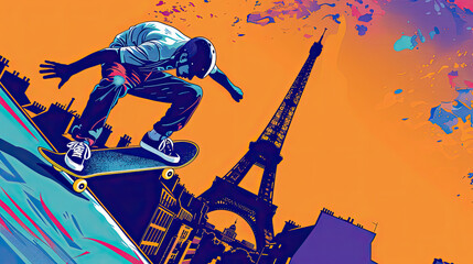 Obraz premium Skateboarder in front of the Eiffel Tower, energetic and colorful illustration