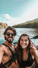 Obraz premium A man and a woman are smiling and posing for a picture while kayaking on a river