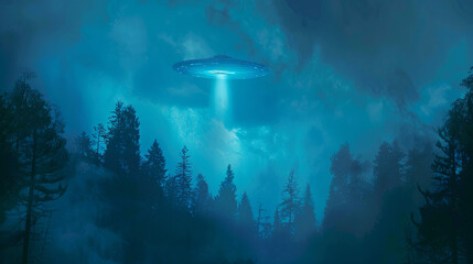 Fototapeta premium Flying UFO vehicle with an alien against the sky