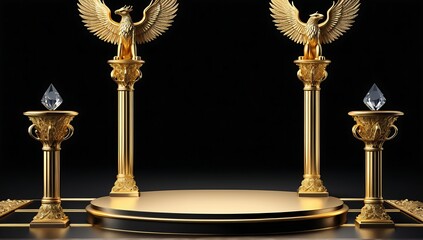 Black product display podium with luxury decoration elements. Black luxury background.