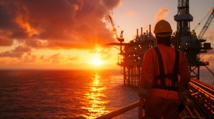 Offshore Oil Rig Worker Watching Sunset Over the Ocean