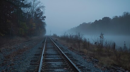 Path next to the train tracks on a foggy morning